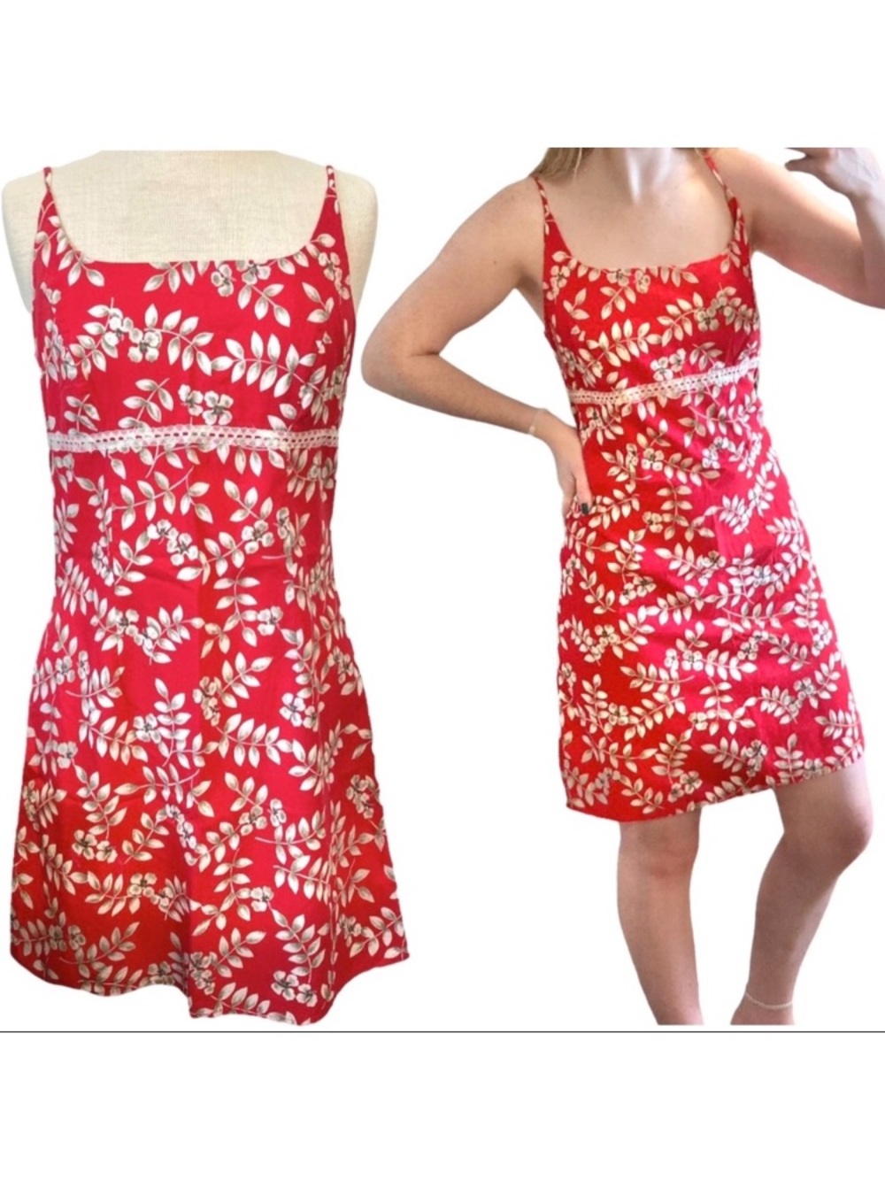 Vintage Y2K 90’s Red White Floral Flower Leaf Spaghetti Mini Dress Size Large L